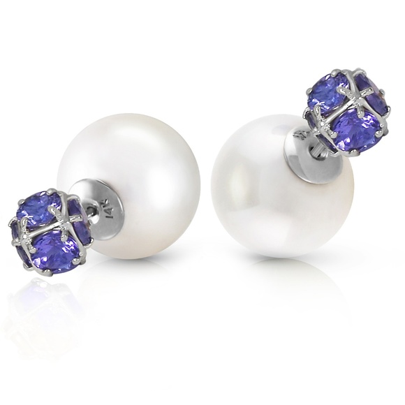 SHELL PEARLS AND TANZANITES STUD EARRINGS